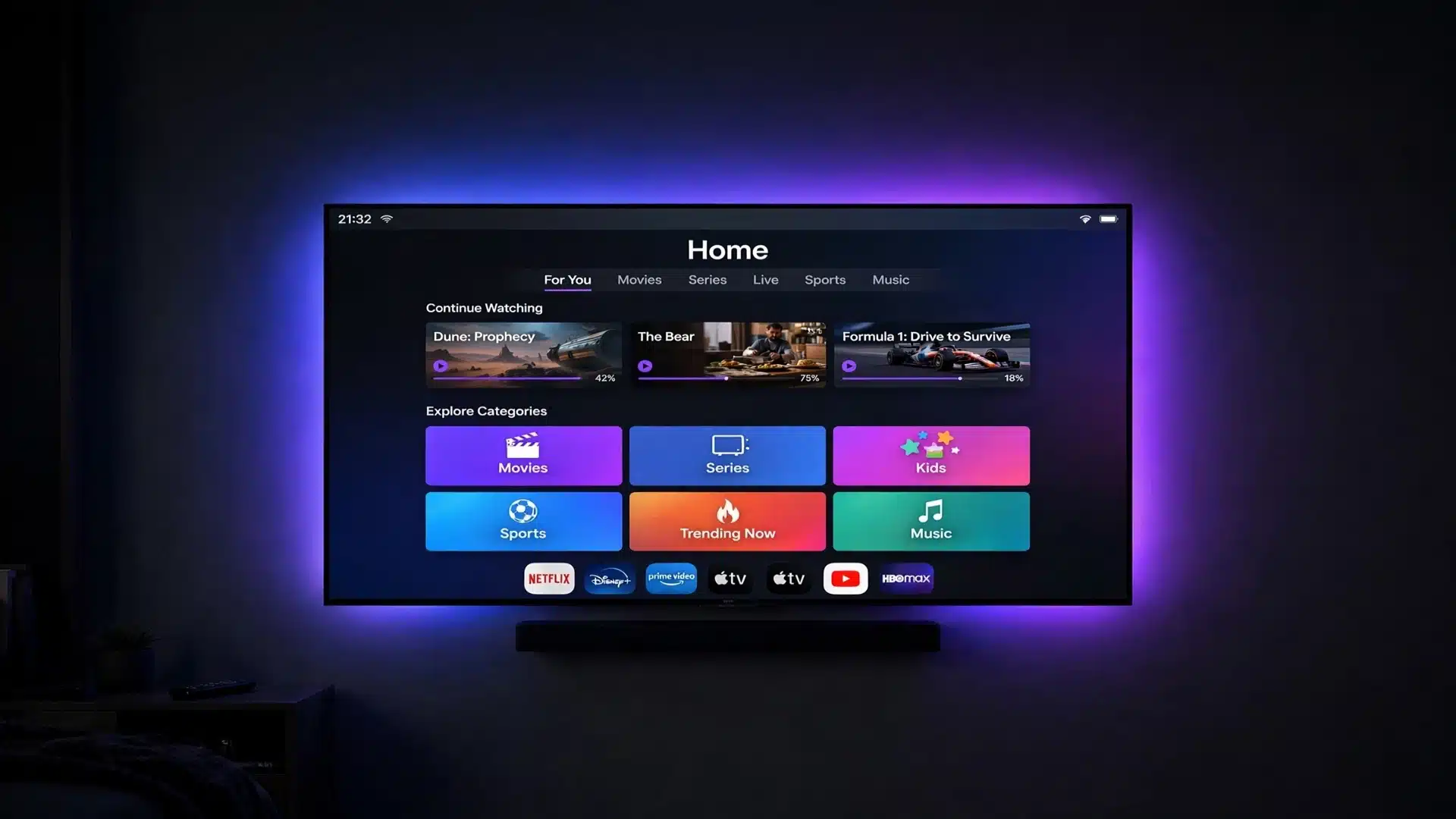 Modern living room with a large smart TV streaming the Get UK IPTV Now service